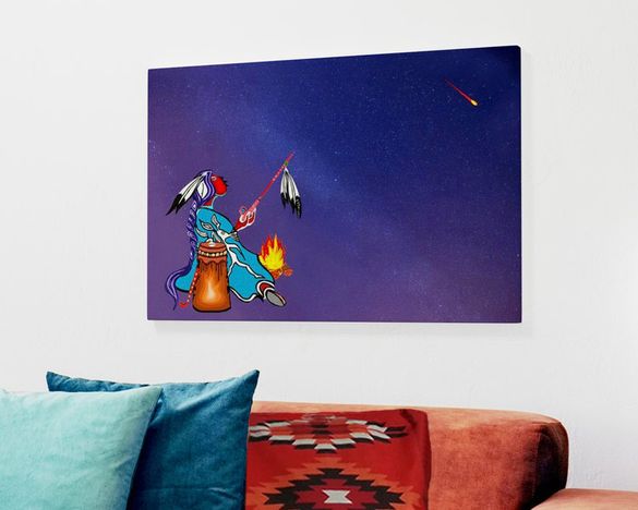 Wenabozho and the Message From the Thunderbirds framed canvas hanging over couch