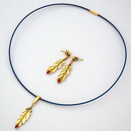 Gold set of eagle feather necklace and earrings 