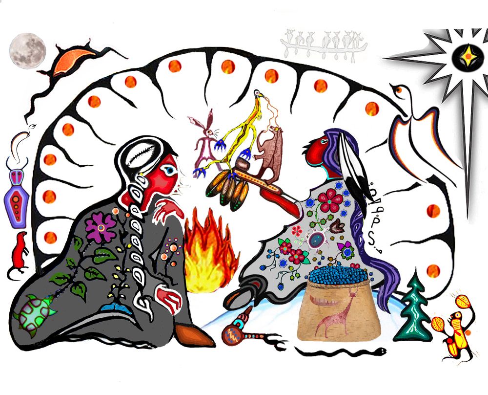 Woodland art print Debaajimood Sharing Stories with Wenabozho's Grandmother