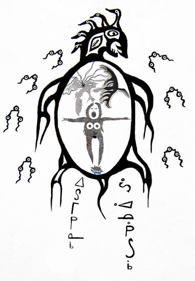 Mishi-makinaak, the Great Sea Turtle Anishinaabe line art by Zhaawano Giizhik
