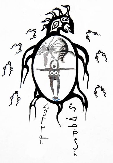Mishi-makinaak, the Great Sea Turtle Anishinaabe line art by Zhaawano Giizhik