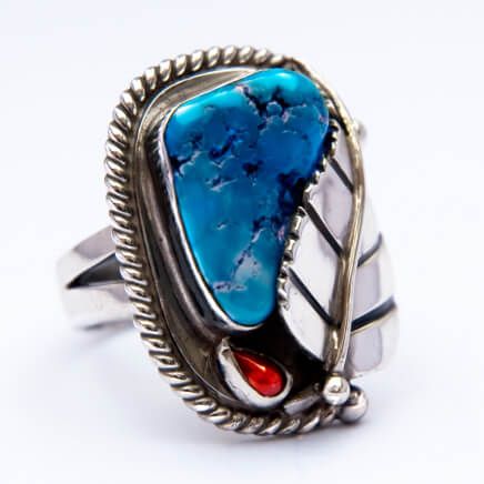Thunder Leaf silver and turquoise ring by Zhaawano Giizhik