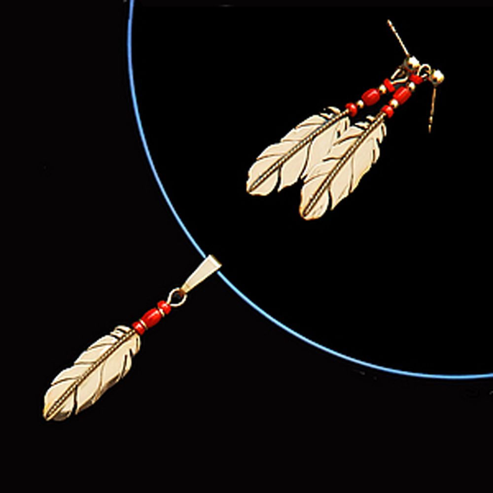 Set of gold feather pendant and earrings