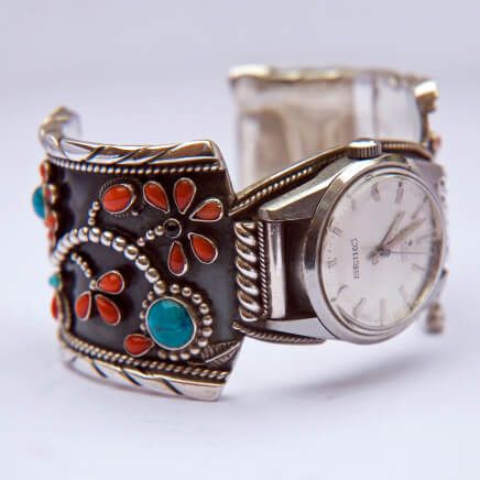 Silver Anishinaabe floral design watch band