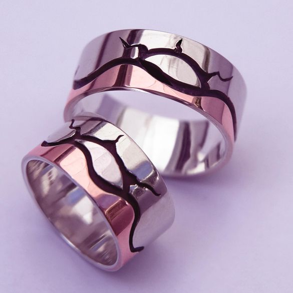 Ojibwe Woodland Art graphic overlay wedding ring set Sunset Lake