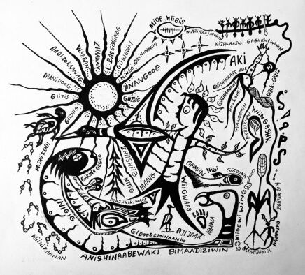 Anishinaabewaki Bimaadiziwin pen and ink drawing by Native Woodland artist Zhaawano