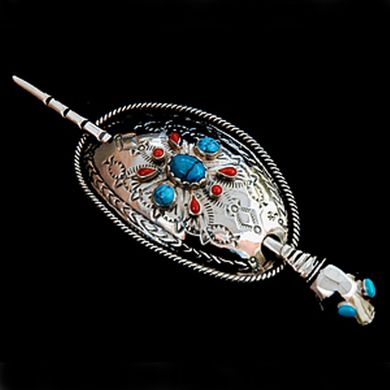  Native American style sterling silver turquoise and red coral hair ornament with slide hair pin stick