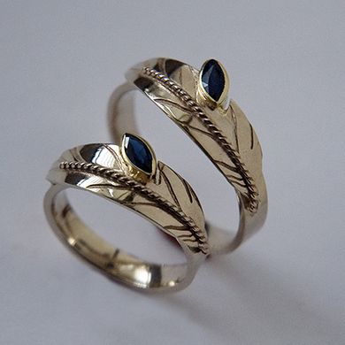 White gold eagle feather wedding rings